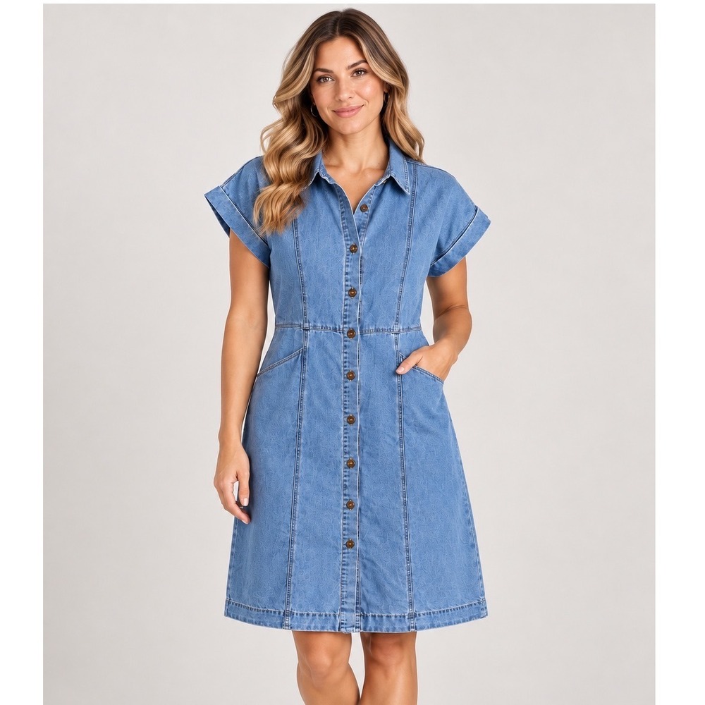 Blue Denim Short Sleeve Button Front Midi Shirt Dress Light Wash Small